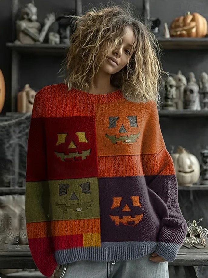 Női Pulóver aranyos stílus Utcai sikk Alkalmi Grafika Állat Terített nyak Kollázs Kötött Hosszú ujj Normál felsők Kötött Munka Halloween Narancssárga Barna Ősz Tél 2025 - $28.99 –P1