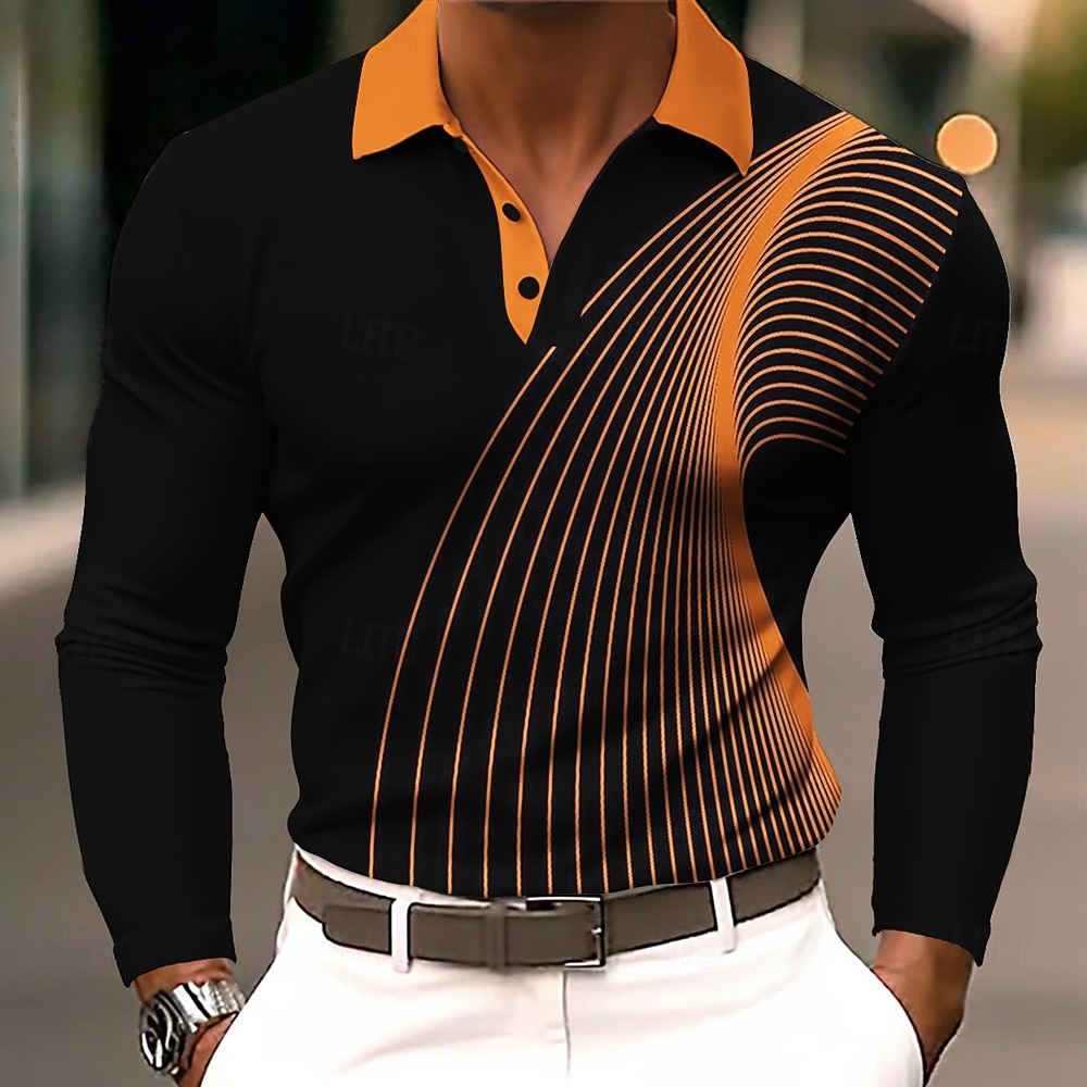 Herr Geometrisk Linje Polo Långärmad Polotröjor Kavajslag Business Casual Fritids- Dagliga kläder 3D-utskrift Knappar Vår Höst Vinter Svart Blå Orange 2025 - $21.99 –P1