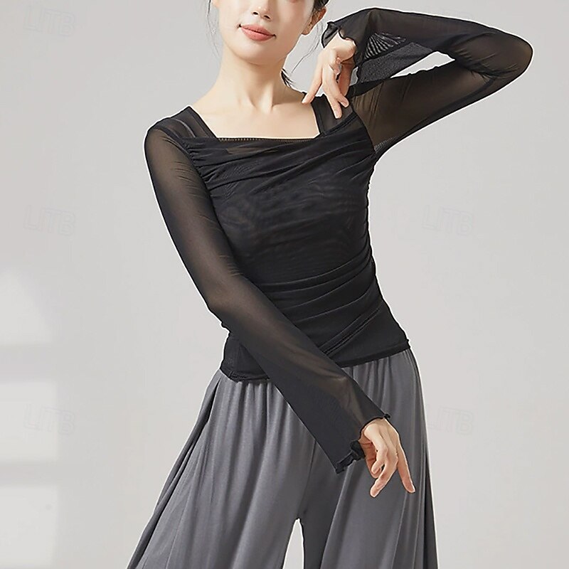 Activewear Top Pure Color Splicing Tulle Women's Performance Training Long Sleeve High Polyester 2025 - $29.99 –P3