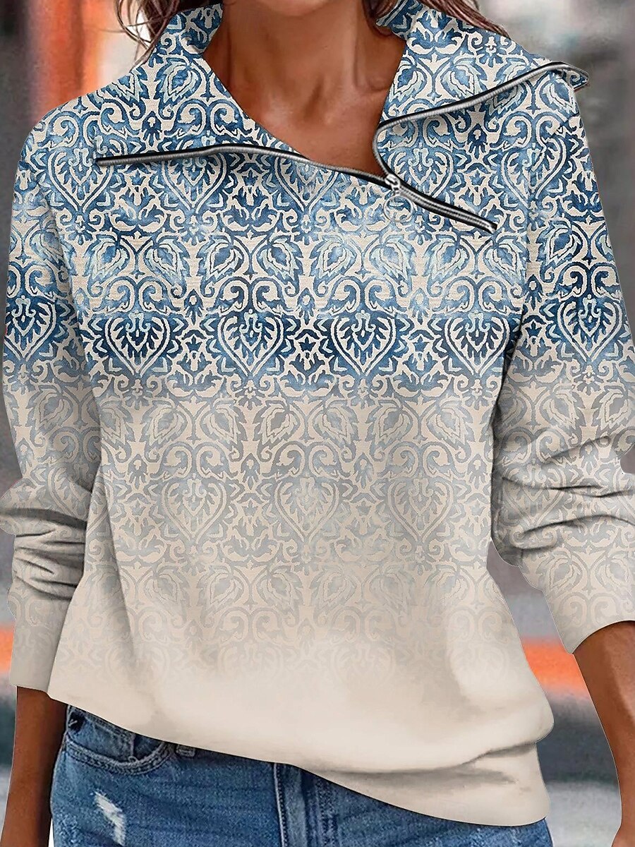 Dam Zip Up sweatshirts Grafisk Geometrisk Ledigt Långärmad Hög hals Vanliga toppar Rubinrött Blå Grön Beige Höst Vinter 2025 - $38.99 –P1