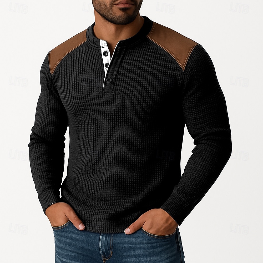 Herren Waffel-Henley-Hemd T-Shirt Langarm Henley Herbst Frühling & Herbst Farbblock Mode Designer Basic Patchwork Urlaub Straße Lässig Schwarz Weiß Burgunderrot Top T-Shirt für Herren 2025 - $20.99 –P5