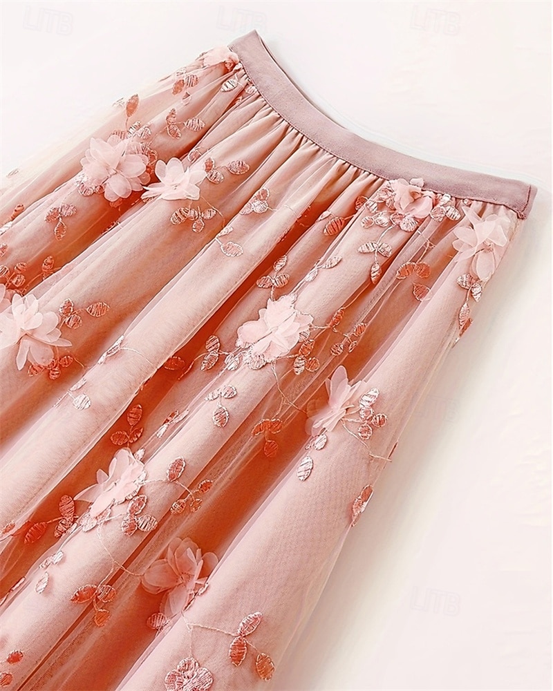 Damen Rock Schwingend Gazeröcke Mode Lässig Midi Mittlere Hüfthöhe Röcke Blumen Tüll Fließend Mikroelastisch Urlaub Straße Schwarz Weiß Rosa Grau Frühling Polyester 2025 - $25.99 –P10