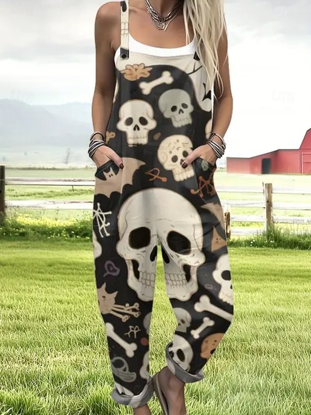 Salopette da donna 100% cotone attiva senza maniche dritta con scollatura quadrata e tasche per vacanze quotidiane fit rilassato nero rosa viola estate del 2026 a $54.99 –P5