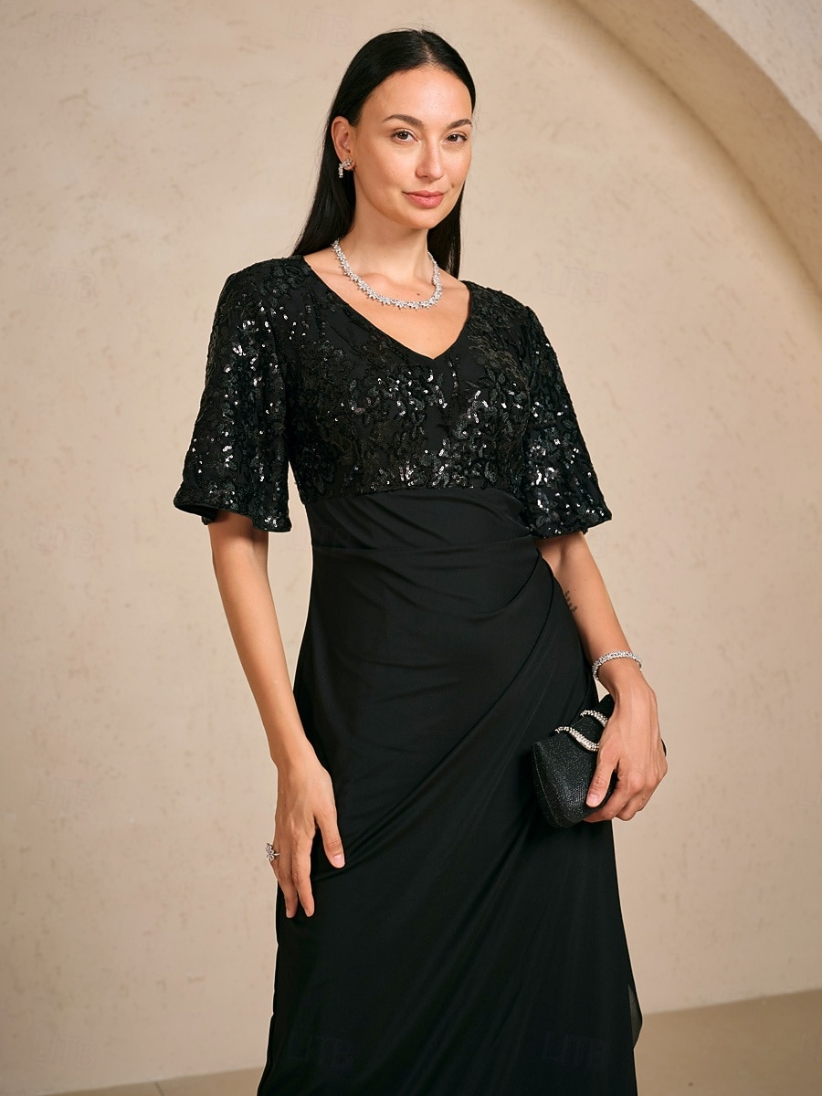 Femmes Robe maxi Robe fourreau Élégant Fête Anniversaire Fleuri Demi Manches Col en V Noir Été Printemps Automne de 2025 ? $129.99 –P2