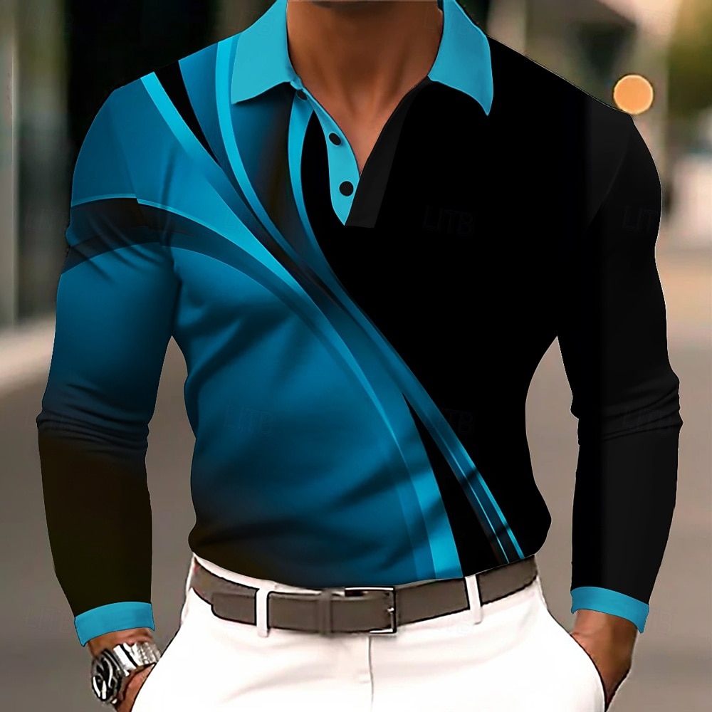 Homens Geométrico Linha Pólo Manga Longa Camisas polo Lapela Business casual Roupa Esportiva Roupa Diária Impressão 3D Botões Primavera Outono Inverno Azul Roxo Laranja de 2026 por $21.99 –P1
