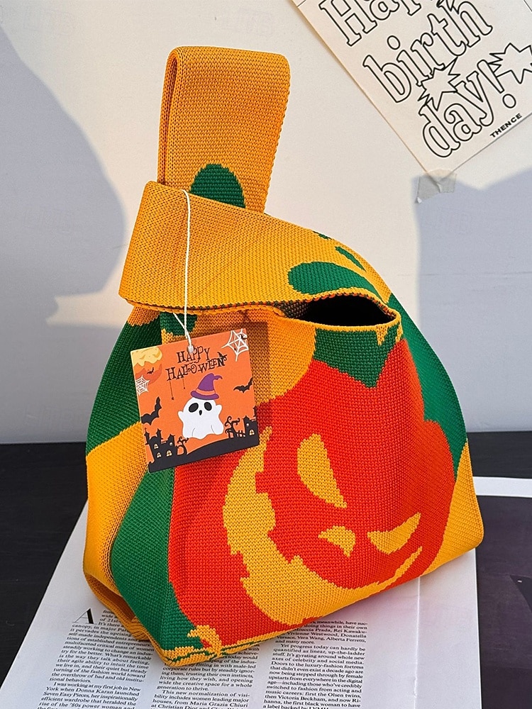 Dámská halloweenská taška – pletená kabelka se vzorem dýně a netopýra na koledování, ležérní opakovaně použitelná taška přes rameno na párty, nákupy a vánoční dárek 2025 - $9.99 –P7