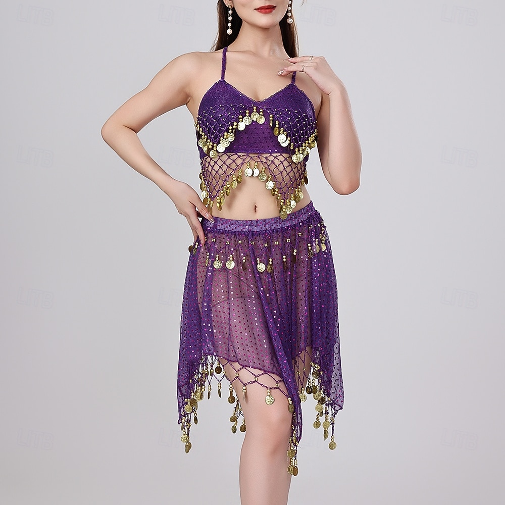 Danse du Ventre Jupes Jeton en cuivre Couleur unie Épissage Femmes Performance Entraînement Sans manches Haut Polyester de 2025 ? $37.99 –P1