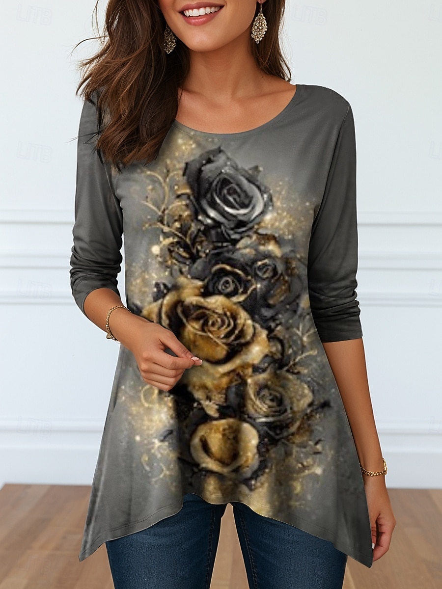 2026年 女性用 Tシャツ プリント アシメントリー グラフィック 幾何学模様 ヴィンテージ スタイリッシュ カジュアル 長袖 クルーネック ロングトップス 日常 ブルー ホワイト ダスティブルー グレー 夏 春  コレクション – $24.99 –P2