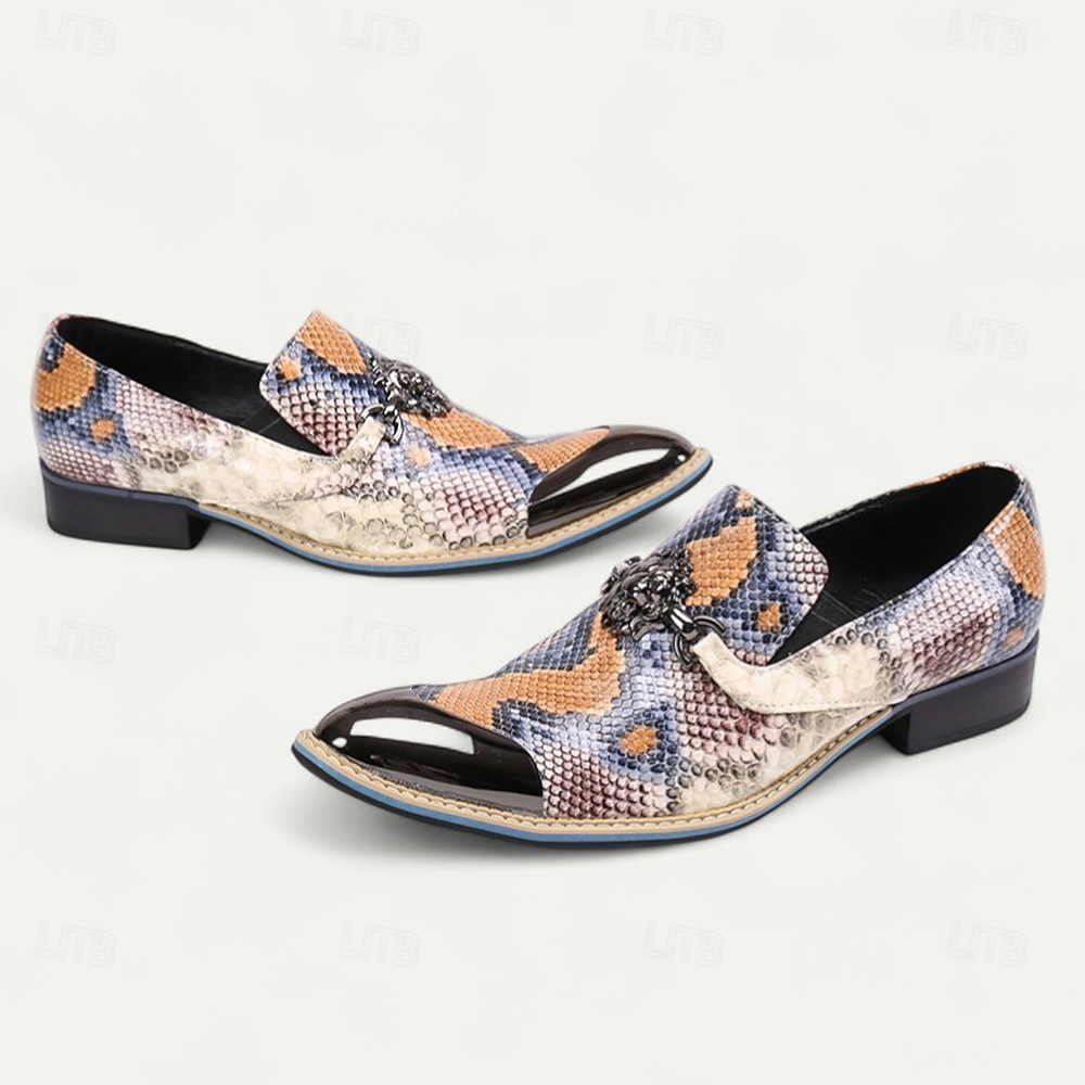 Sapatos sociais masculinos de pele de cobra multicolorida com bico fino – slip-ons de couro de vaca exótico com biqueira de metal para shows, festas temáticas e eventos de moda de 2026 por $119.99 –P4