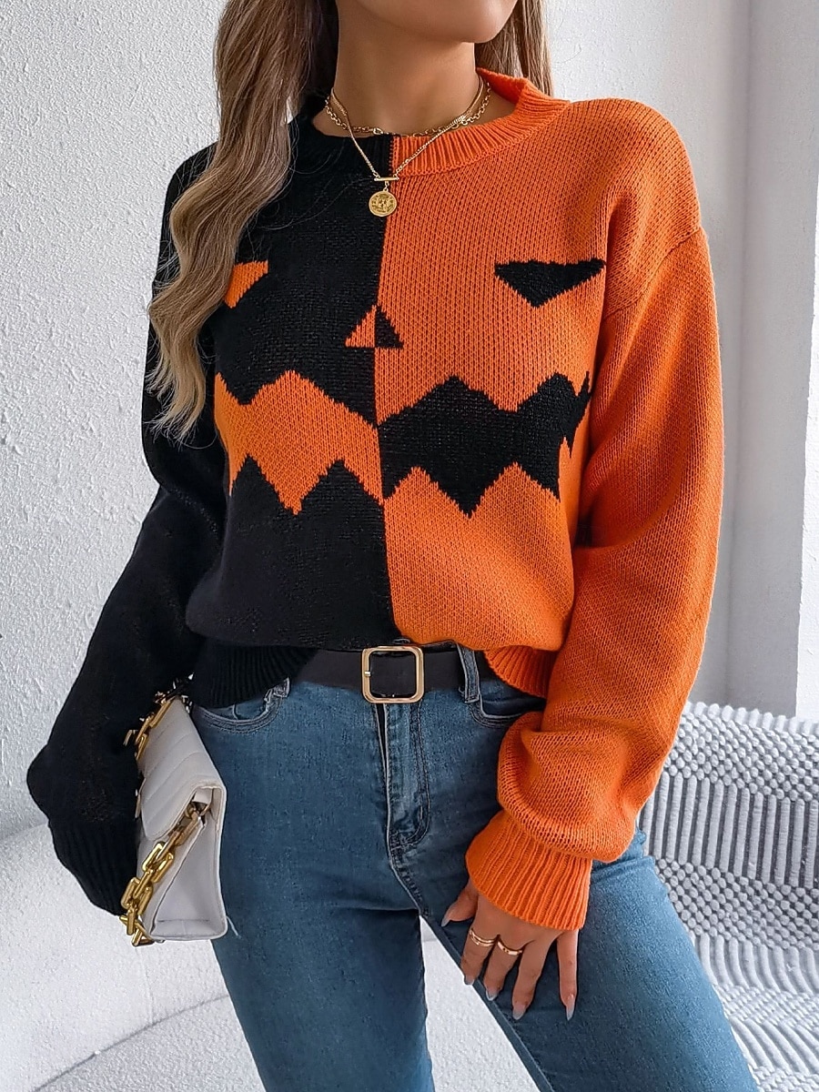 Maglione da donna Halloween con zucca casual morbido grafica colletto a coste maniche lunghe top regolari lavorato a maglia arancione khaki autunno inverno pre-autunno del 2025 a $31.99 –P5