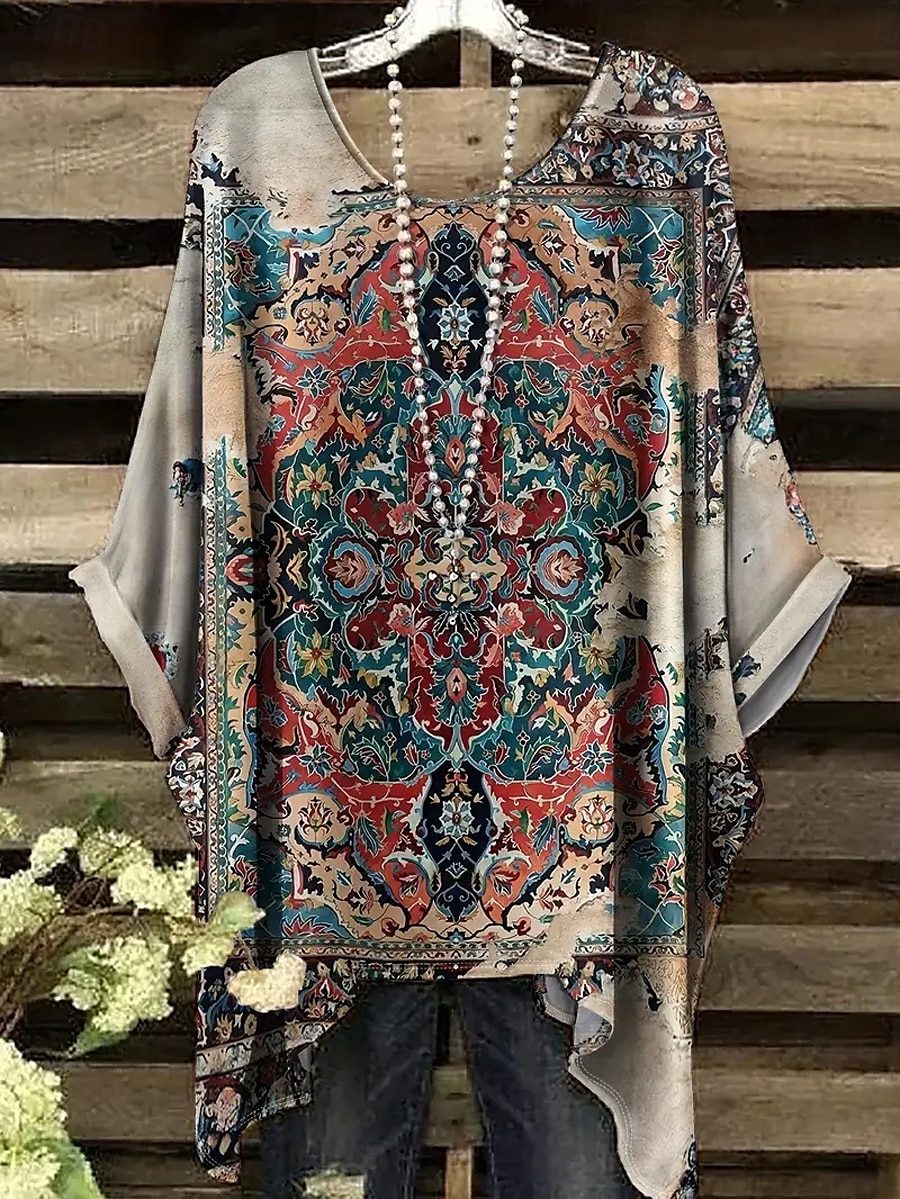 Жен. Блуза Ассиметричный Графика Геометрический принт Винтаж Повседневные На каждый день Рукав до локтя Летучая мышь Вырез под горло Обычные топы Повседневные Праздники Одежда для пляжа 2026 - $26.99 –P13