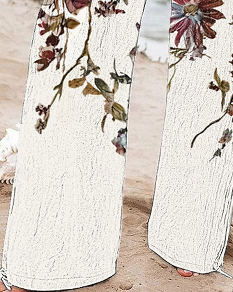 Dam Brett skaft Byxor Palazzo byxor Mode Boho Fullängd Hög midja Blomma Snörning Elastisk midja Mönster Mateial som andas Bekväm Gata Dagliga kläder Utekväll Vit Vår Höst Normal 2025 - $20.99 –P3