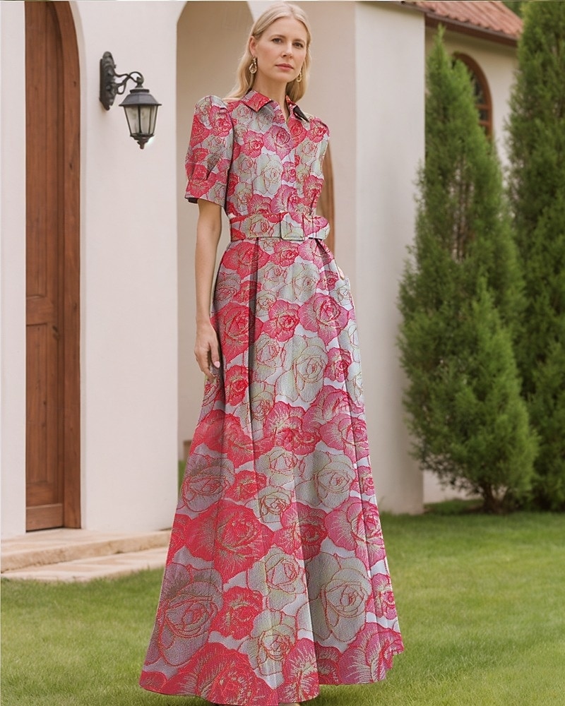 Linha A Longo Vestidos de noite Vestido de Baile Vestido formal Elegante Vintage Manga Curta Colarinho de Camisa Casamento Formal Fibra Sintética com Estampa floral Fenda Bolsos de 2026 por $186.99 –P10