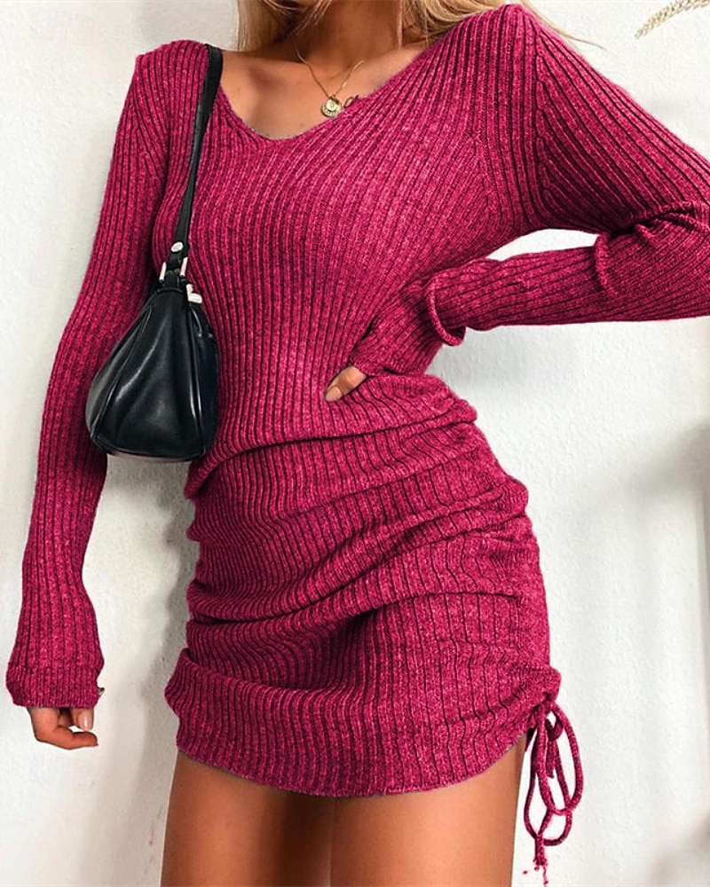 Femmes Mini Robe Robe Pull Mode Moderne Extérieur Vacances Fête Coupe régulière Uni manche longue Col en V Noir Jaune Vin Vert foncé Automne de 2025 ? $19.99 –P6