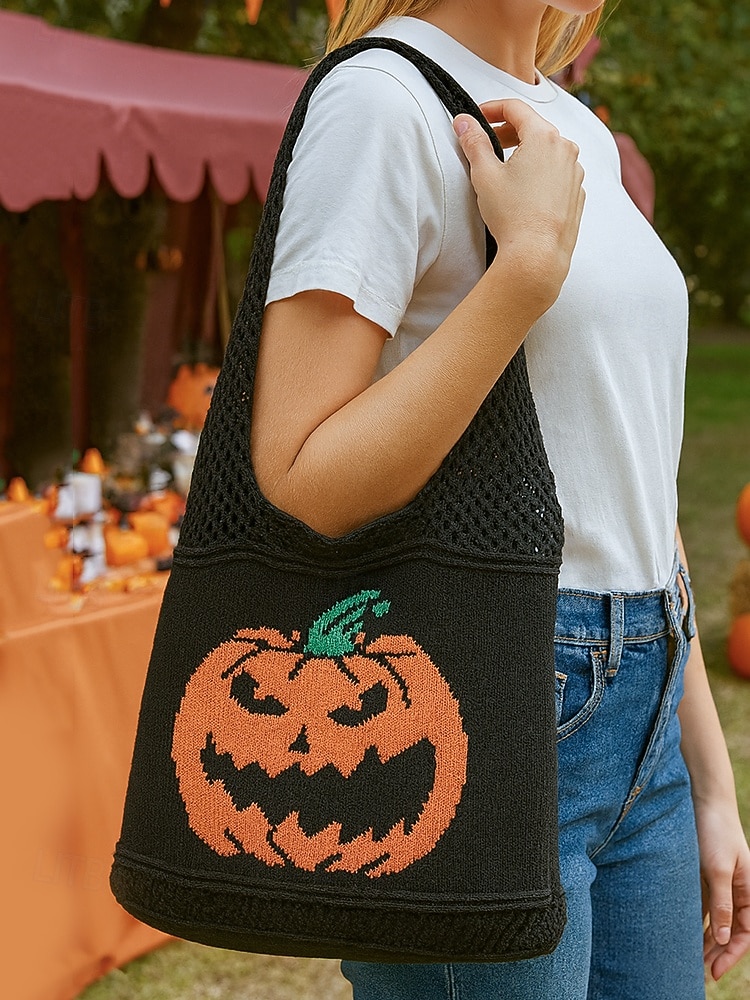 Dámská pletená taška s motivem dýně na Halloween, černá kabelka přes rameno, ležérní nákupní taška na koledování na festivaly, večírky a každodenní nošení 2025 - $14.99 –P1