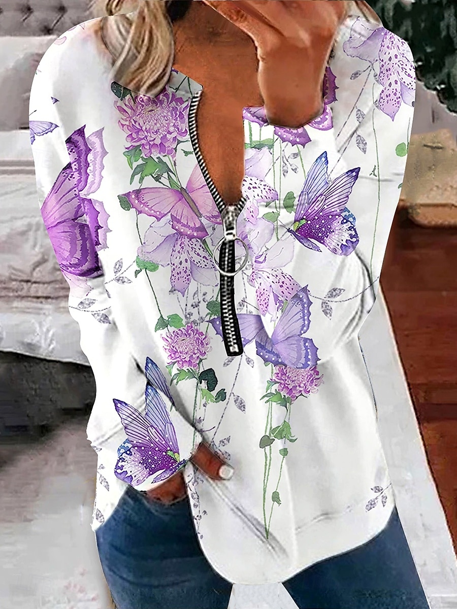 Per donna Felpa Pullover Felpe con cerniera Floreale Grafico Farfalla Moda Casual Manica Lunga Girocollo Scollo a V Top Regolari Streetwear Abbigliamento Quotidiano Cerniera Stampato Rosa Viola del 2025 a $27.99 –P1