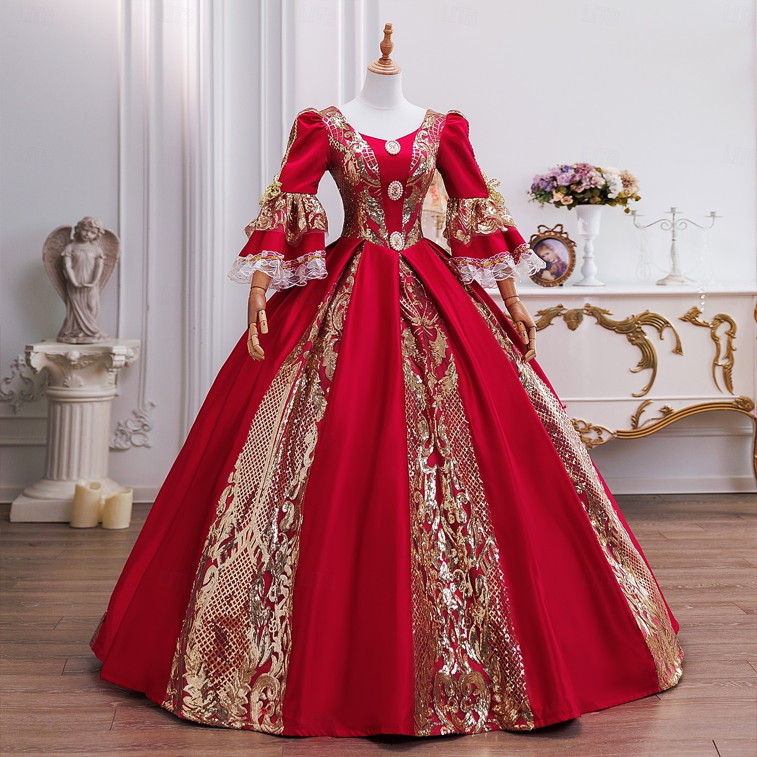 Vintage Rokokoo Renessanssi Maxi Mekot Normaali Juliet hiha Prinsessa Morsian Laskostettu Rimpsu Prinsessa Pyöreä kaula-aukko Naamiaispuku Naisten Halloween Karnevaali Naamiaiset Suoritus Juhla 2026 - $257.39 –P2