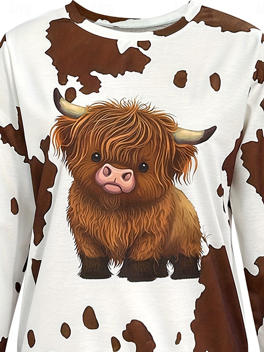 Τ-shirt Γυναικών Μακρυμάνικο Γραφικό Ζώο Αγελάδα Vintage Στυλάτο Casual Μακρυμάνικο Crew Neck Κανονικά Μπλουζάκια Ημέρας Εκτύπωση Ανοιχτό Καφέ Άνοιξη Φθινόπωρο Πριν το Φθινόπωρο 2026 - $24.99 –P3