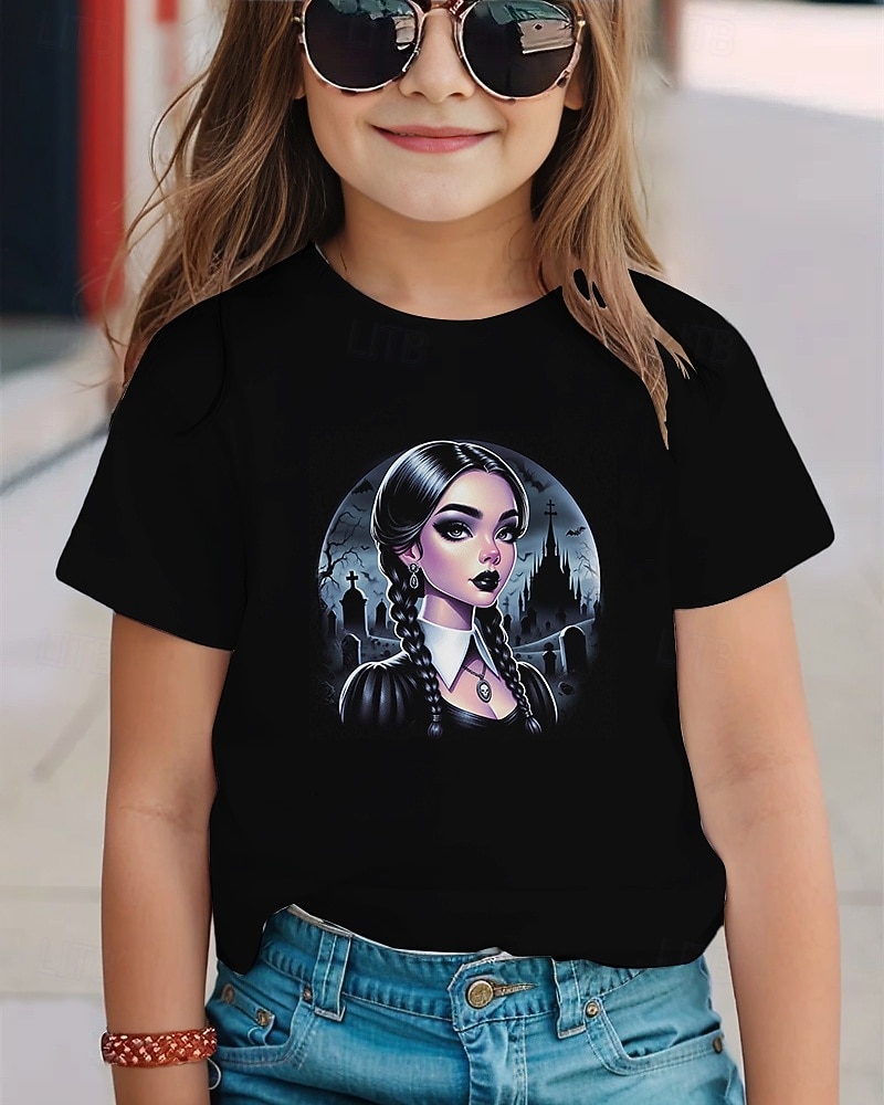 Koszulka z gotycką grafiką Wednesday Addams, słodka, letnia, oddychająca, modna koszulka na Halloween dla dziewczynek 2025 - $11.99 –P1