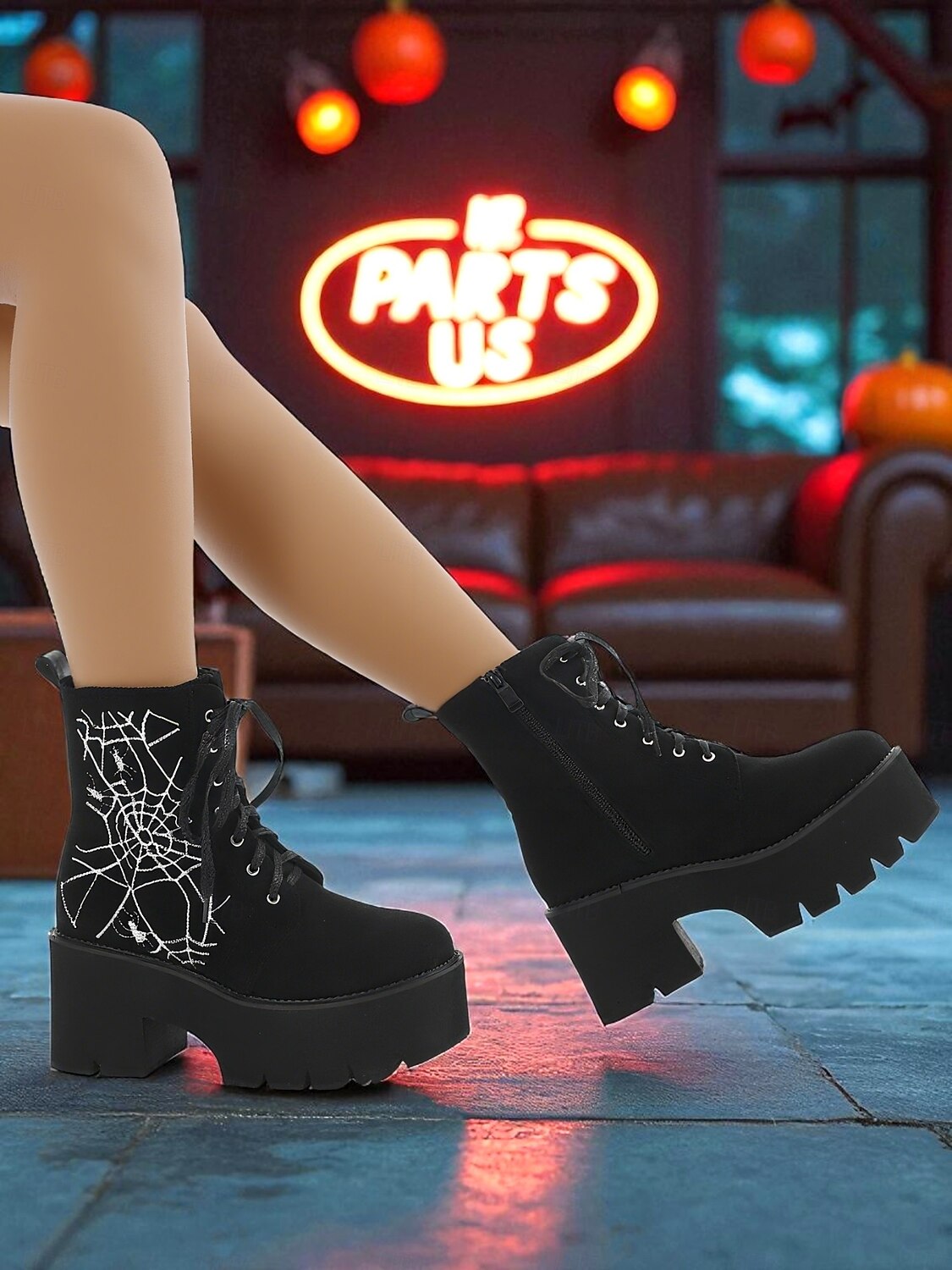 Dámské černé vojenské boty na platformě s výšivkou pavučiny - gotické kotníkové boty se šněrováním a robustním podpatkem na halloweenskou párty, cosplay a večerní zábavu 2025 - $59.99 –P2