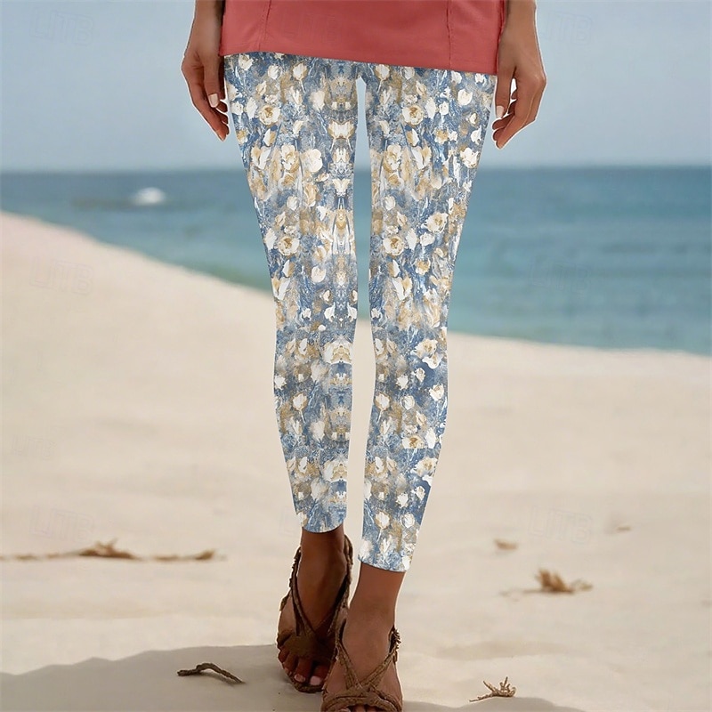 Women's Pants Trousers Leggings Cozy Leggings Streetwear Casual Full Length High Waist Floral Elastic Waist Print Breathability Comfortable Stretchy Vacation Street Daily Wear Blue Summer Spring Fall 2026 - $19.99 –P1