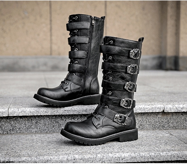 Botas masculinas de cano alto com tiras de fivelas múltiplas e design de cadarço - calçado de combate estilo punk gótico para uso casual urbano e moda de rua de 2025 por $59.99 –P4