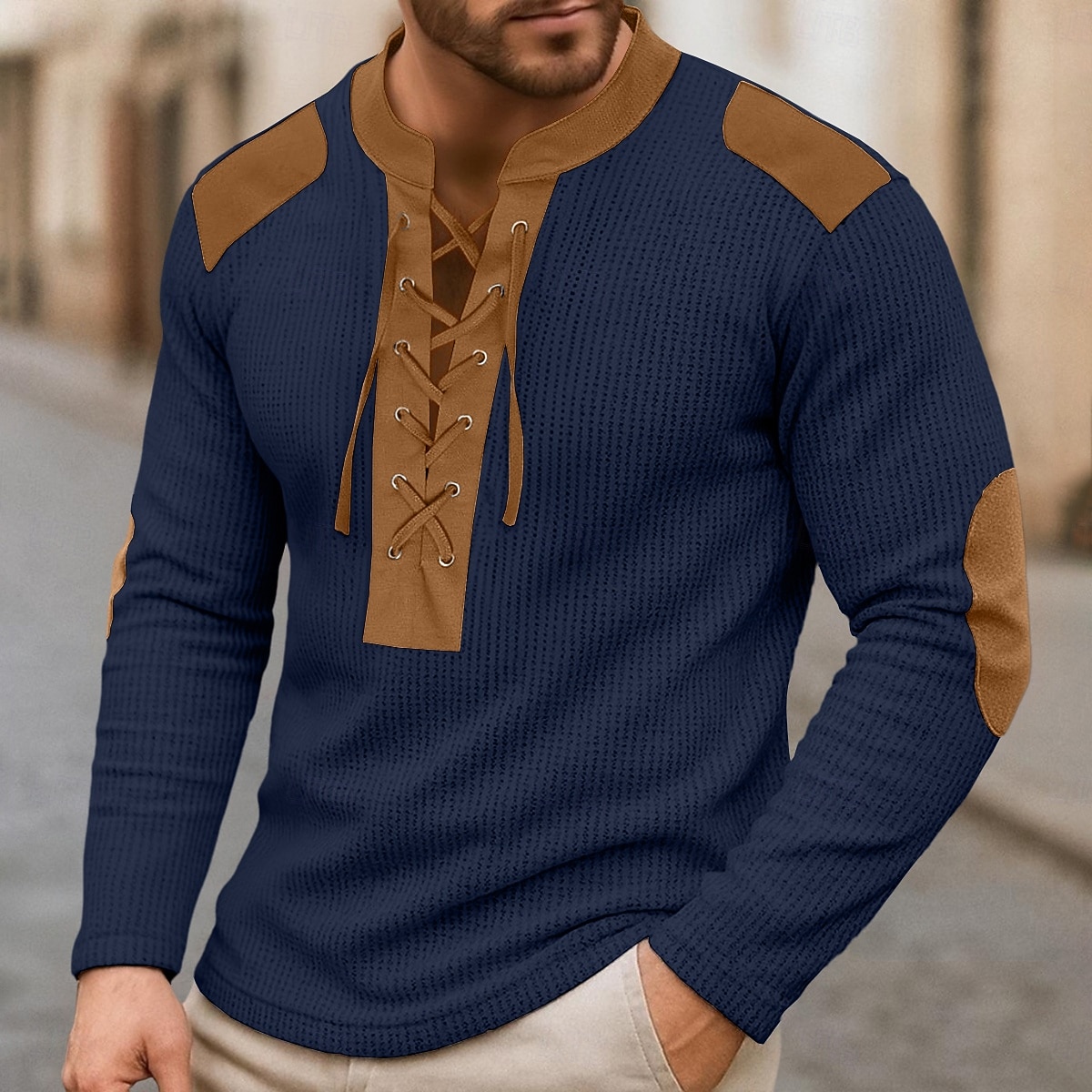 Per uomo Maglietta Maglia Henley Maglietta a Maglia Waffle Camicia a Maniche Lunghe Manica Lunga Collo alla coreana Collo con lacci Primavera & Autunno Blocco di colori Moda Designer Essenziale del 2025 a $28.99 –P1
