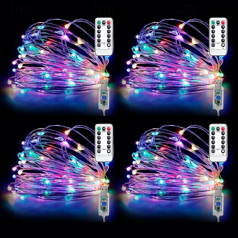 4 pezzi 10 m/33 piedi 100 fasci di luci a LED per Halloween Natale San Valentino festa di nozze stringa di luci in filo di rame per interni ed esterni spina USB telecomando a 8 funzioni IP44 del 2025 a $23.99 –P2