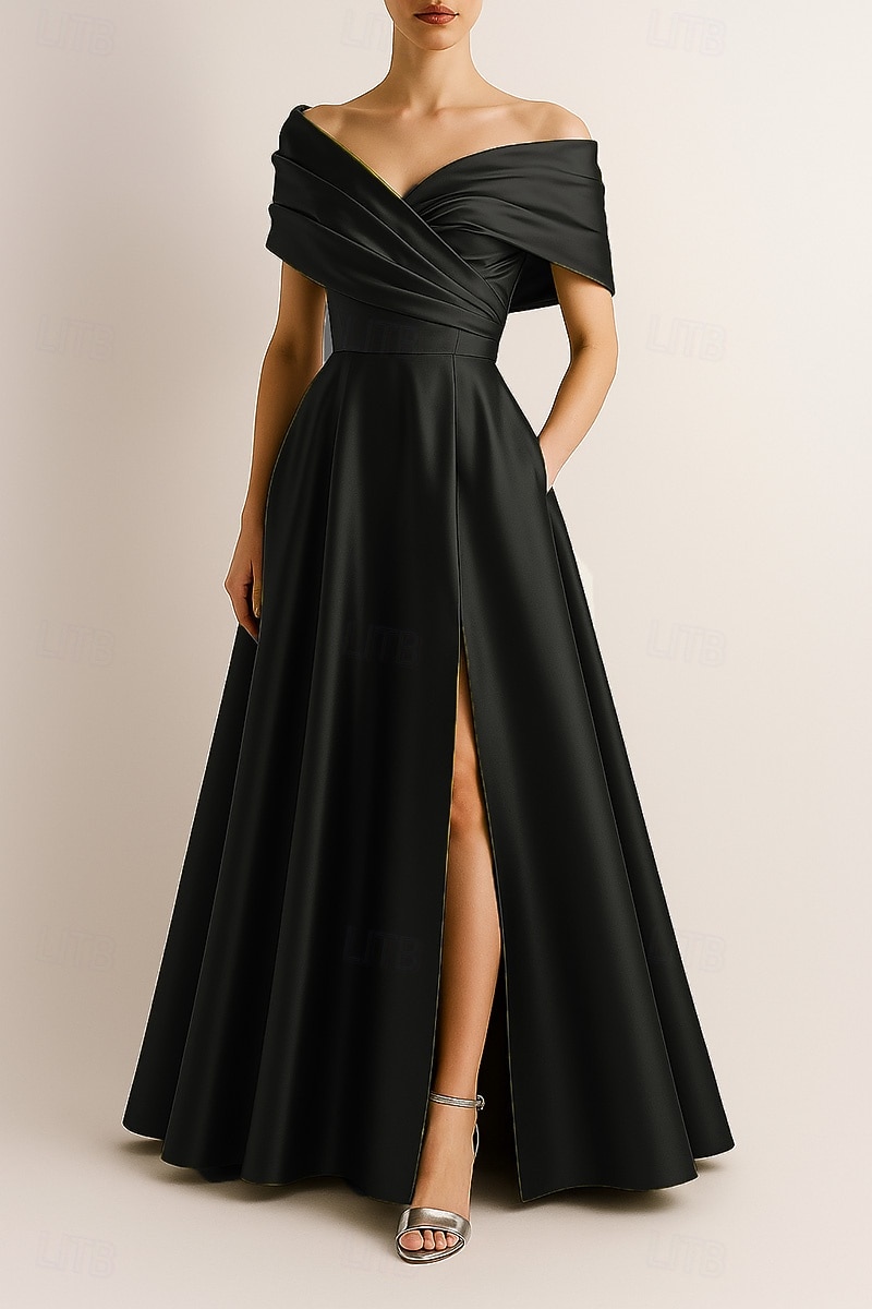 Ligne A Robe de Soirée Élégant Robe de soirée Formel Mariage Longueur au sol Sans manches Épaules Dénudées Satin Extensible avec Plis Froncé Fente 2025 de 2025 ? $154.99 –P4