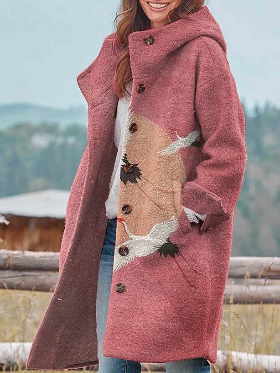 Dame Vinterjakke Fleece-jakke Frakk Hold Varm Pustende Lomme Knapper Trykt mønster Aktiv Daglig Fritid Landskap Feriereise Gate Daglig Enkeltkneppet Lang Hettegenser Normal Langermet Yttertøy Gul 2025 - $46.99 –P3