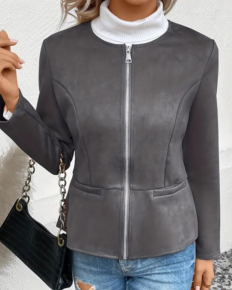 Dámské Deri Ceketler Neformální bunda Zahřívací Pohodlné Zip Kapsy Módní Bez vzoru Venkovní ulice Jdeme ven Běžné / Denní Zip Standardní Výstřih ke krku Běžný Dlouhý rukáv Svrchní oděvy Černá Vodn 2025 - $26.99 –P14