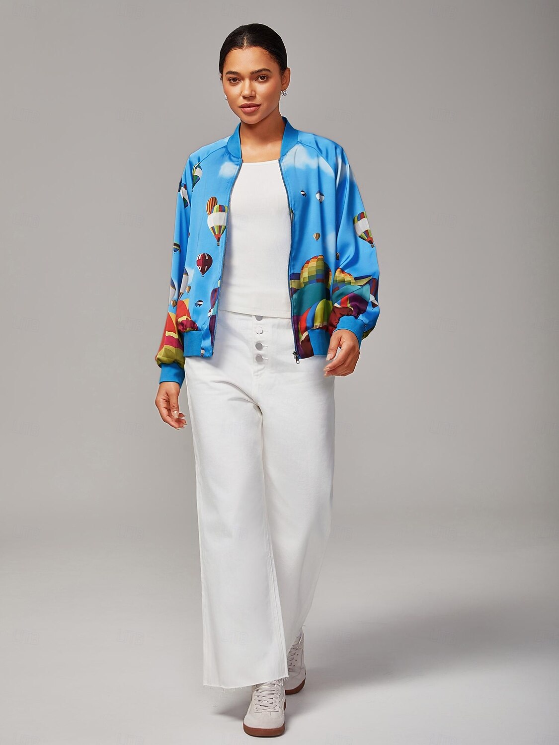 Giubbotto bomber da donna con stampa a mongolfiera, collo a coste, foderato, elegante, casual, da indossare tutti i giorni, da lavoro, autunno del 2025 a $78.99 –P4