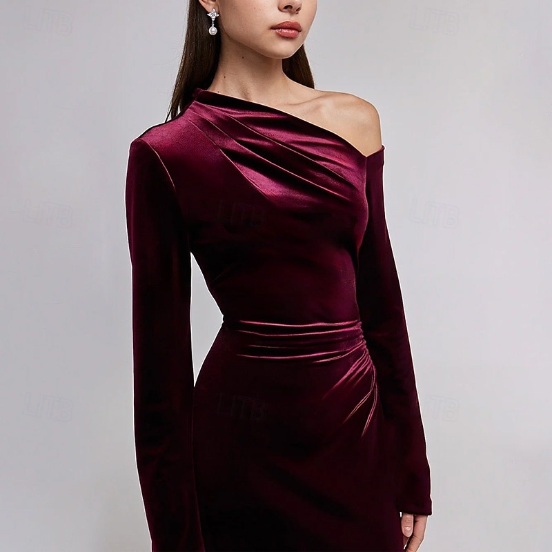 schwarze Krawatte Stretch-Samt Etuikleid/Säule Abendkleid elegantes Kleid formelle Hochzeit bodenlang langarm eine Schulter mit Falten 2025 2025 - $145.99 –P2