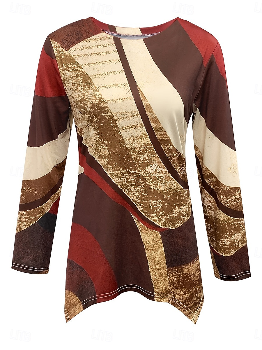 Жен. Футболка С принтом Асимметричный вырез Графика Геометрический принт Винтаж Стиль На каждый день Длинный рукав Вырез под горло Обычные топы Повседневные Красный Лиловый Коричневый Зеленый Хаки 2026 - $24.99 –P2