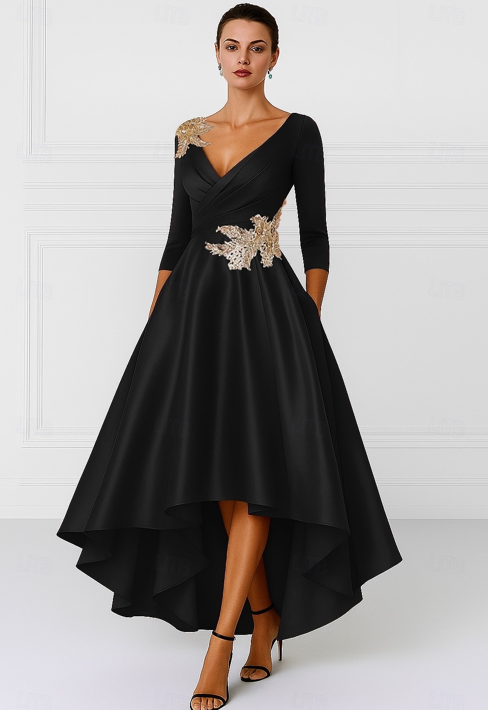 A-linje Asymmetrisk Festkjole Cocktail Kjole Gjestekjole til bryllup Kjole til brudens mor Langermet V-hals Elegant Formell Sateng med Appliqué 2026 - $183.99 –P1