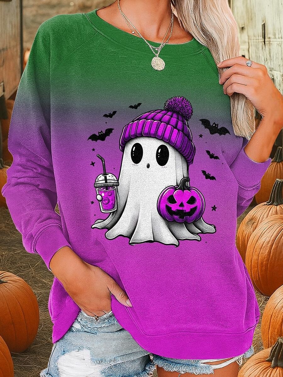 halloween damtröjor grafisk mode casual långärmad rund hals vanlig topp gata vardagskläder casual tryck blå lila orange grön höst vinter 2025 - $22.99 –P4