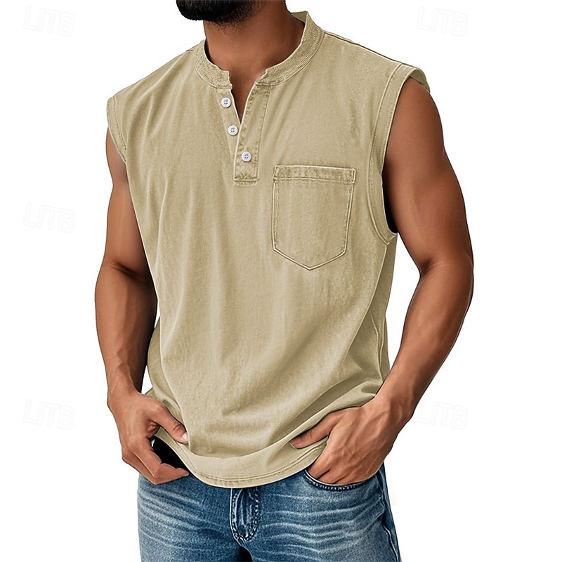 Herren Tank Top Weste Top Unterhemd Ärmellos Shirt Baumwolle Ärmellos Henley Sommer Einfarbig Mode Designer Basic Tasche Knöpfe Urlaub Street Ausgehen Schwarz Hellgrün Rosa Top Tee für Männer 2025 - $22.99 –P9