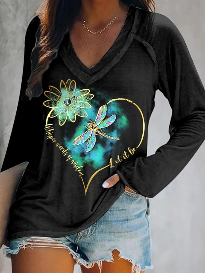 2026年 女性用 Tシャツ プリント グラフィック 猫 トンボ エレガント ボヘミア ヴィンテージ 長袖 Ｖネック レギュラートップス 日常 お出かけ 週末 ブルー ブラックとホワイト ブラック イエロー ダークグリーン 春 秋  コレクション – $24.99 –P4