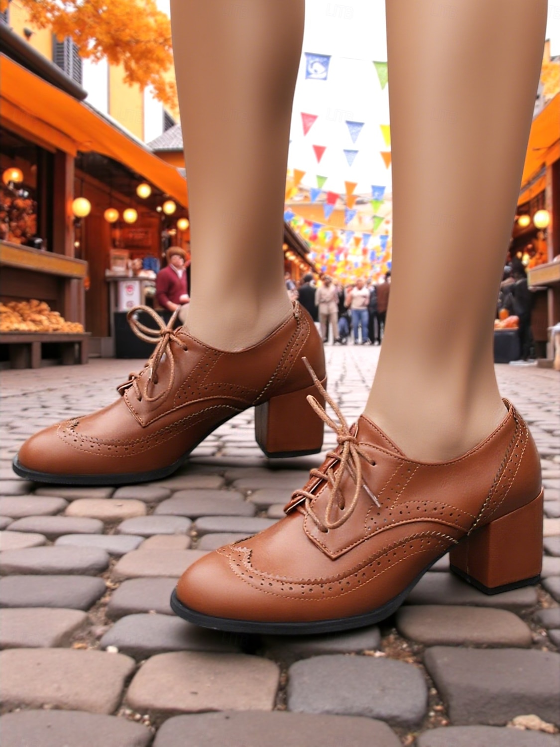 Zapatos brogue oxford de tacón grueso con bloques de color para mujer: zapatos de vestir vintage con cordones de los años 50 con detalle de espiga de tweed para la oficina, el Oktoberfest y la moda de 2026 - $46.99 –P7