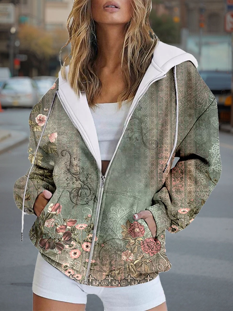 Mulheres Moletom com zíper Floral Gráfico Moda Casual Manga Longa Com Capuz Tops regulares Rua Dia a Dia Zíper Bolsos Imprimir Azul Roxo Verde Primavera Outono de 2025 por $26.99 –P1