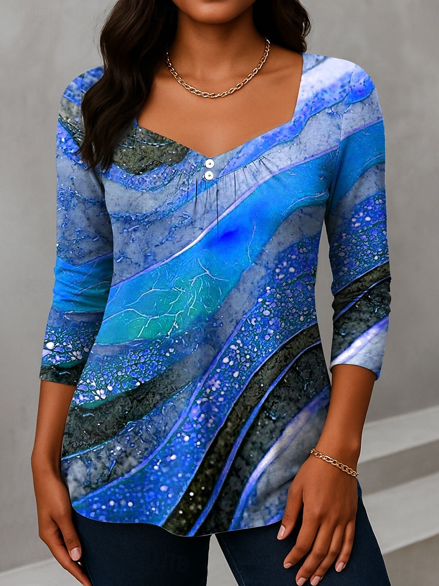 Per donna Maglietta Bottoni Stampato Ombre Grafico Vintage Moda Elegante Manica Lunga Scollo a V Collo asimmetrico Top Regolari Quotidiano Weekend Abbigliamento da vacanza Blu Giallo Viola Verde del 2026 a $24.99 –P2