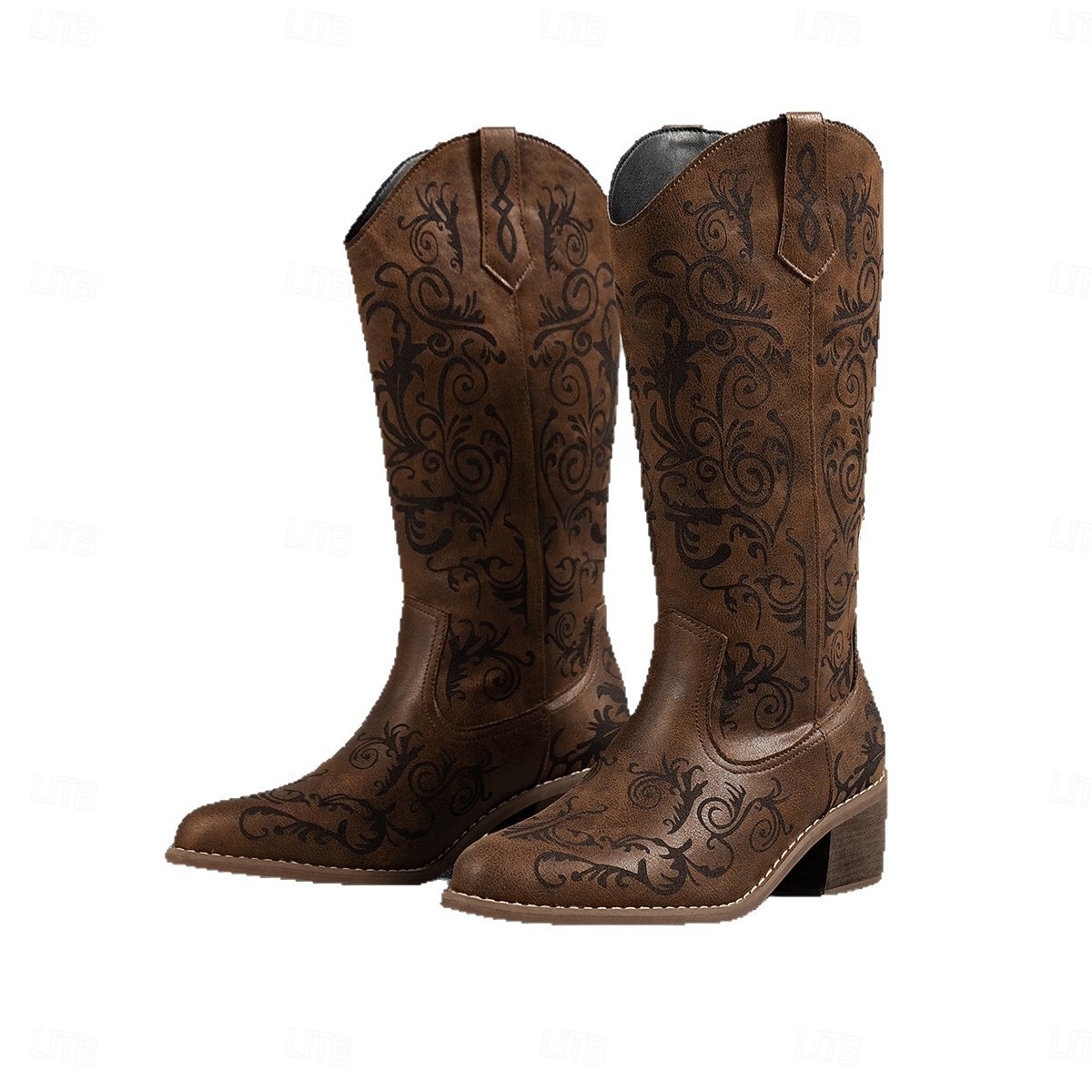 Γυναικείες καφέ δερμάτινες καουμπόικες μπότες western με περίτεχνα φλοράλ ανάγλυφα σχέδια και ψηλοτάκουνα, κομψά αστικά υποδήματα 2026 - $54.99 –P11