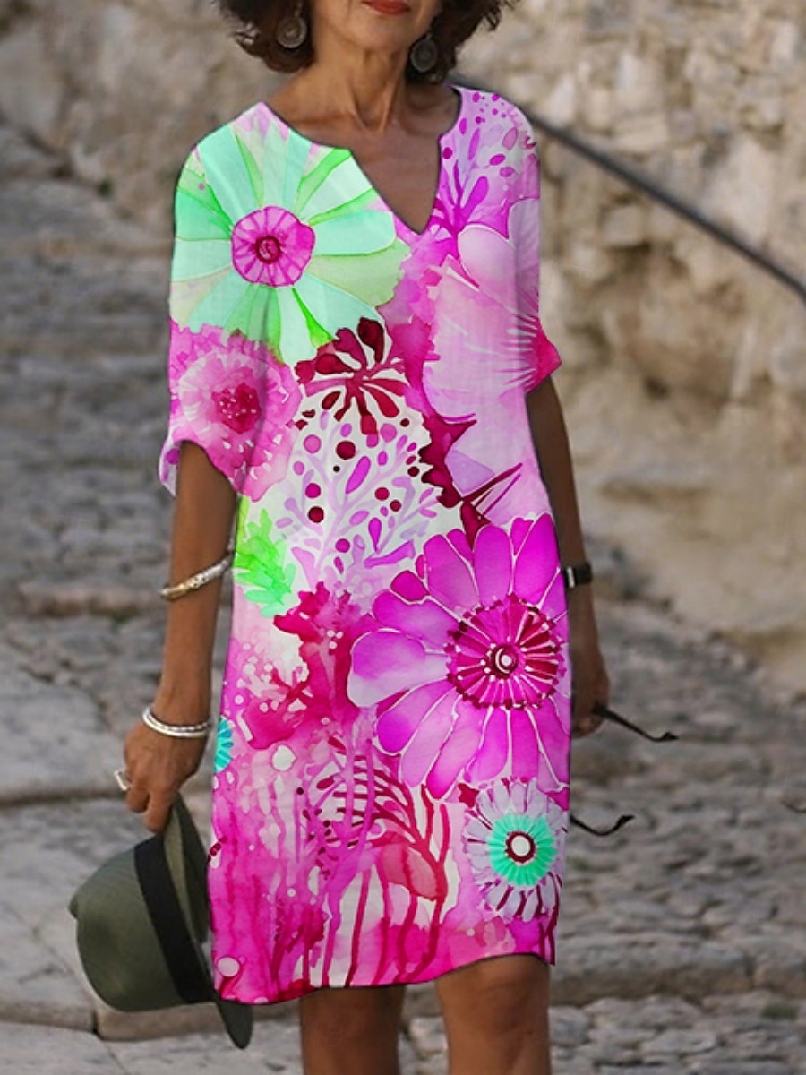 Femmes Robe Midi Robe Décontractée Robe Imprimée Mode Moderne Quotidien Plage Week-end Coupe régulière Fleuri Manche 3/4 Col ras du cou Rouge Bleu Violet Fuchsia Été Printemps Automne de 2025 ? $21.99 –P4