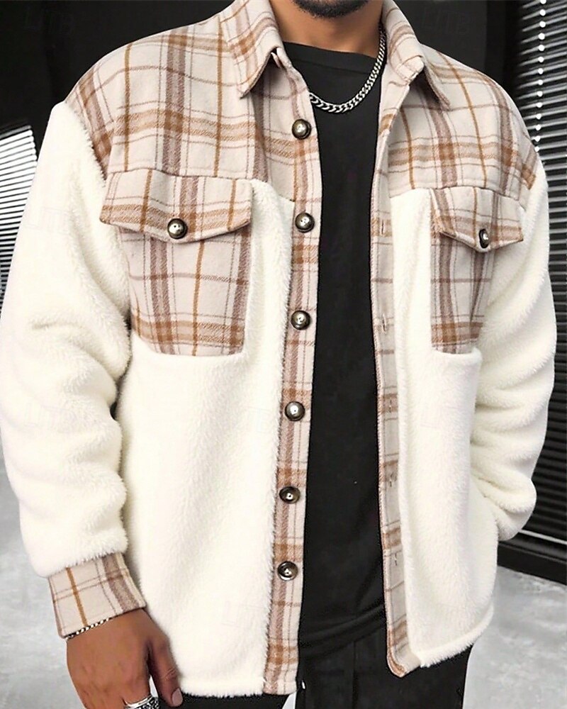Voor heren Fleeceshirt shacket Overhemdjasje Winterjack Ruitjes Vakantie Alledaagse kleding Beige Lange mouw Revers Herfst Winter Kleding Zak 2026 - $36.99 –P2