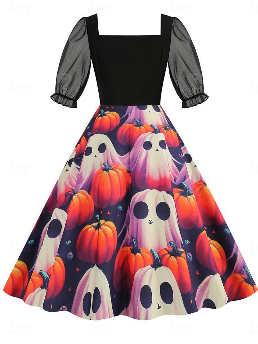 Halloween Naisten Midimekko A linjainen mekko Vapaa-aika Päivittäin Pyhäpäivä Normaali Kurpitsa hämähäkinverkko Lyhythihainen Nelikulmainen kaula-aukko Musta Keltainen Purppura Kesä Kevät Syksy 2025 - $24.99 –P13