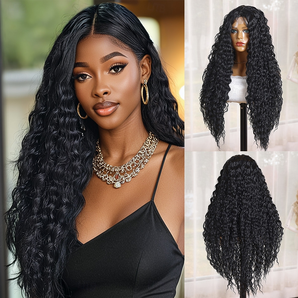 Perruque en dentelle synthétique Boucles profondes Style 28 pouce Noir Raie au milieu partie U Perruque Femmes Perruque Noir de 2025 ? $41.99 –P1