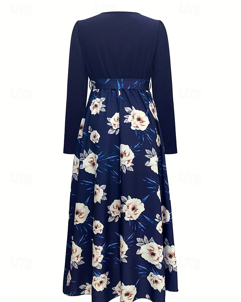 Femmes Robe Longue Maxi Robe Robe Imprimée Mode Extérieur Vacances Fête Coupe régulière Fleur manche longue Col en V Bleu Automne de 2025 ? $25.99 –P5