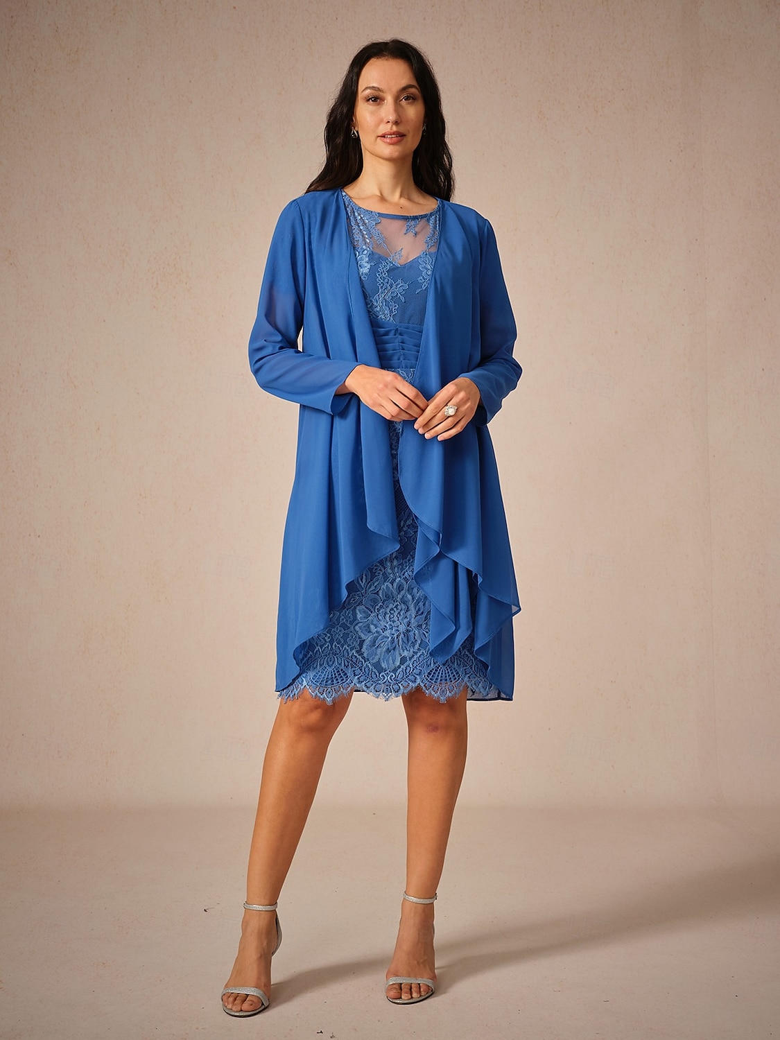 Women's Wedding Guest Jacket Dress Lace Dress Chiffon Dress Cocktail Dresses Formal Dresses Cardigan Ruched Long Sleeve Cocktail Party Blue Spring Summer Fall 2025 - $69.99 –P5