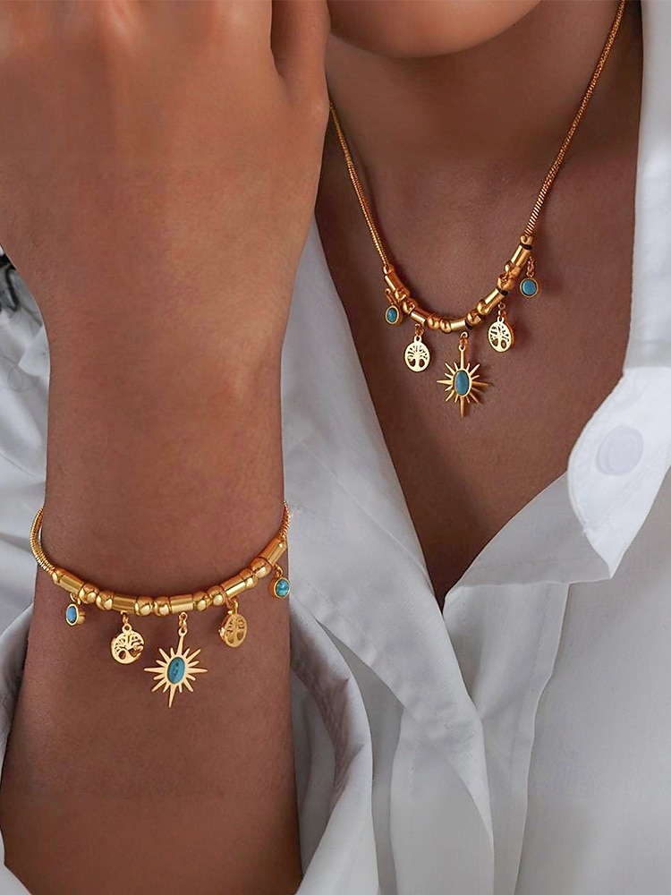 Dámský náhrdelník a náramek ze zlaté slitiny s tyrkysovými přívěsky slunce a stromeček – boho chic šperky na večírky, svátky i běžné nošení 2025 - $11.99 –P1