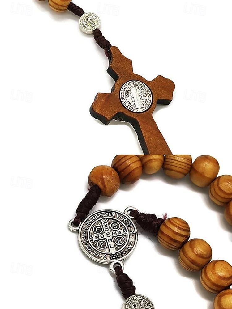Rosario de madera para hombre con medalla de San Benito y crucifijo: cuentas de oración católicas para el culto religioso, la reflexión espiritual y la devoción diaria. 2025 - $7.99 –P9